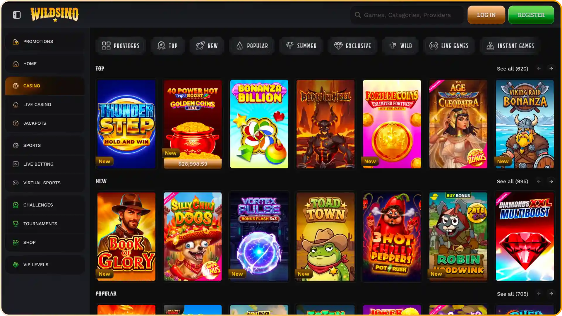 Discover the intuitive casino lobby interface and feature filters on Wildsino.